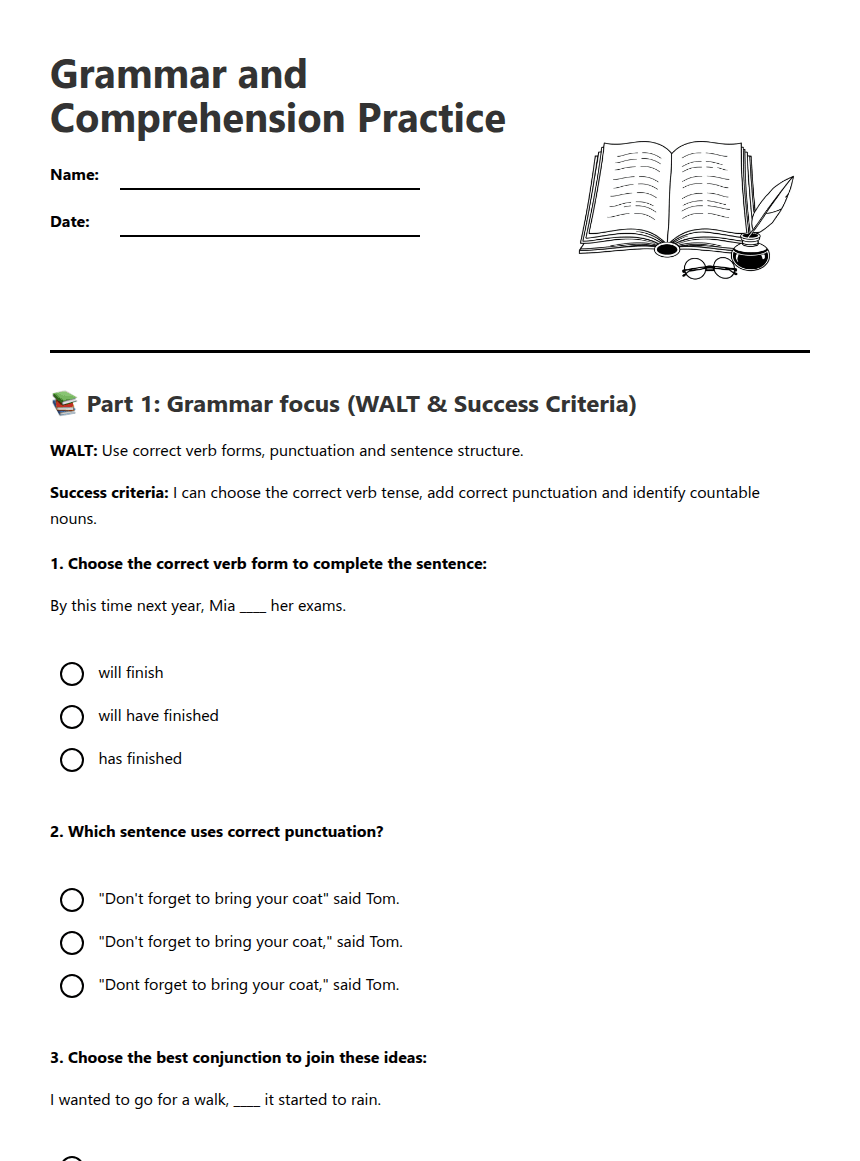 Grammar and Comprehension Practice worksheet preview