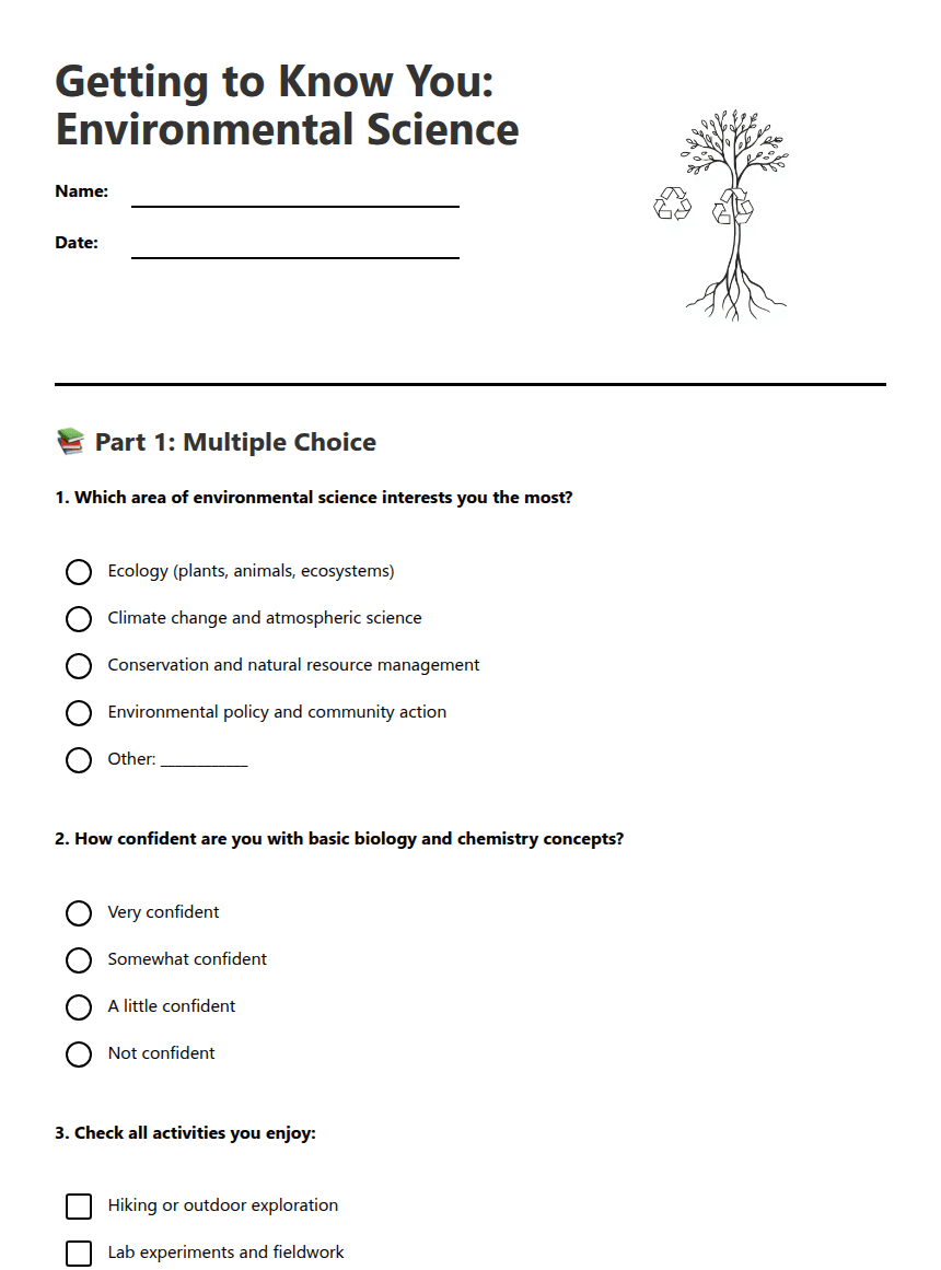 Getting to Know You: Environmental Science worksheet preview