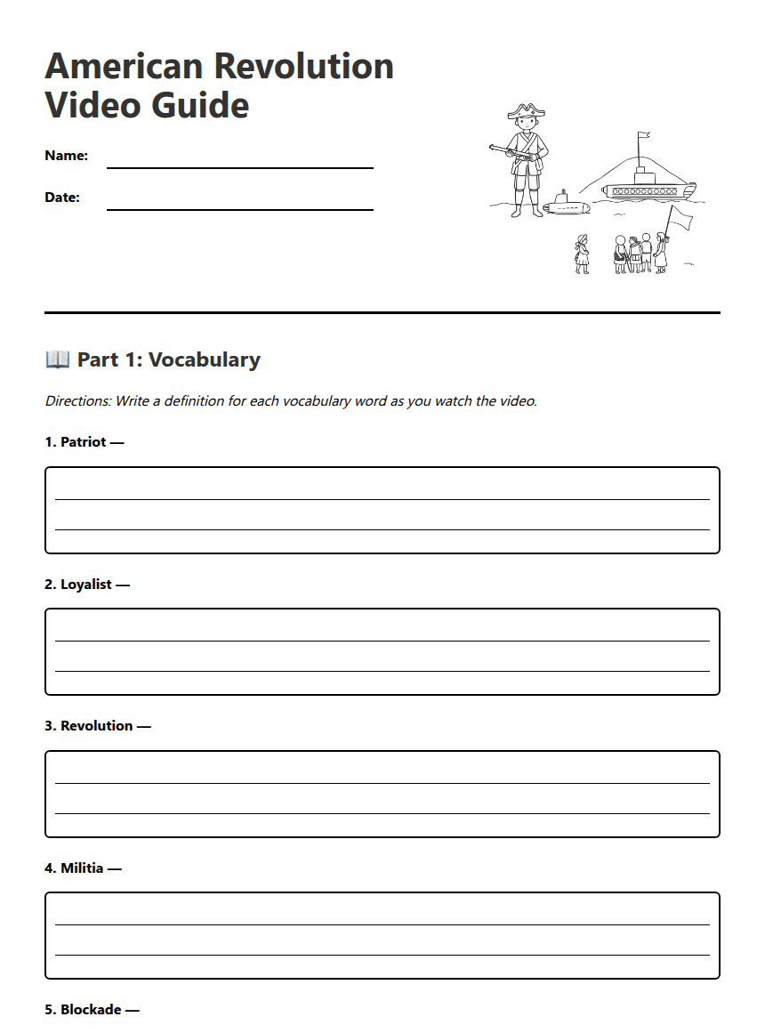 American Revolution Video Guide worksheet preview