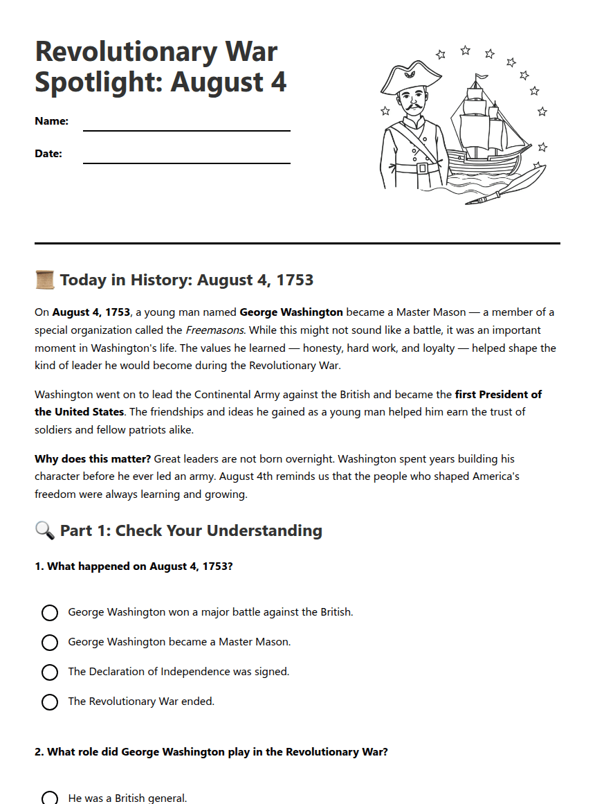 Revolutionary War Spotlight: August 4 worksheet preview