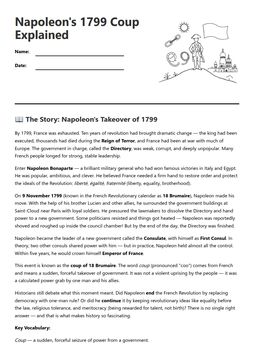 Napoleon's 1799 Coup Explained worksheet preview