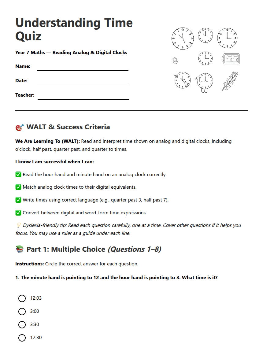 Understanding Time Quiz worksheet preview