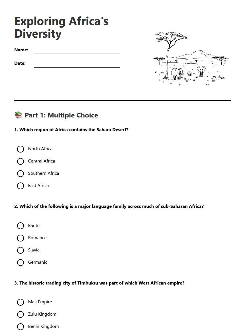 Exploring Africa's Diversity worksheet preview