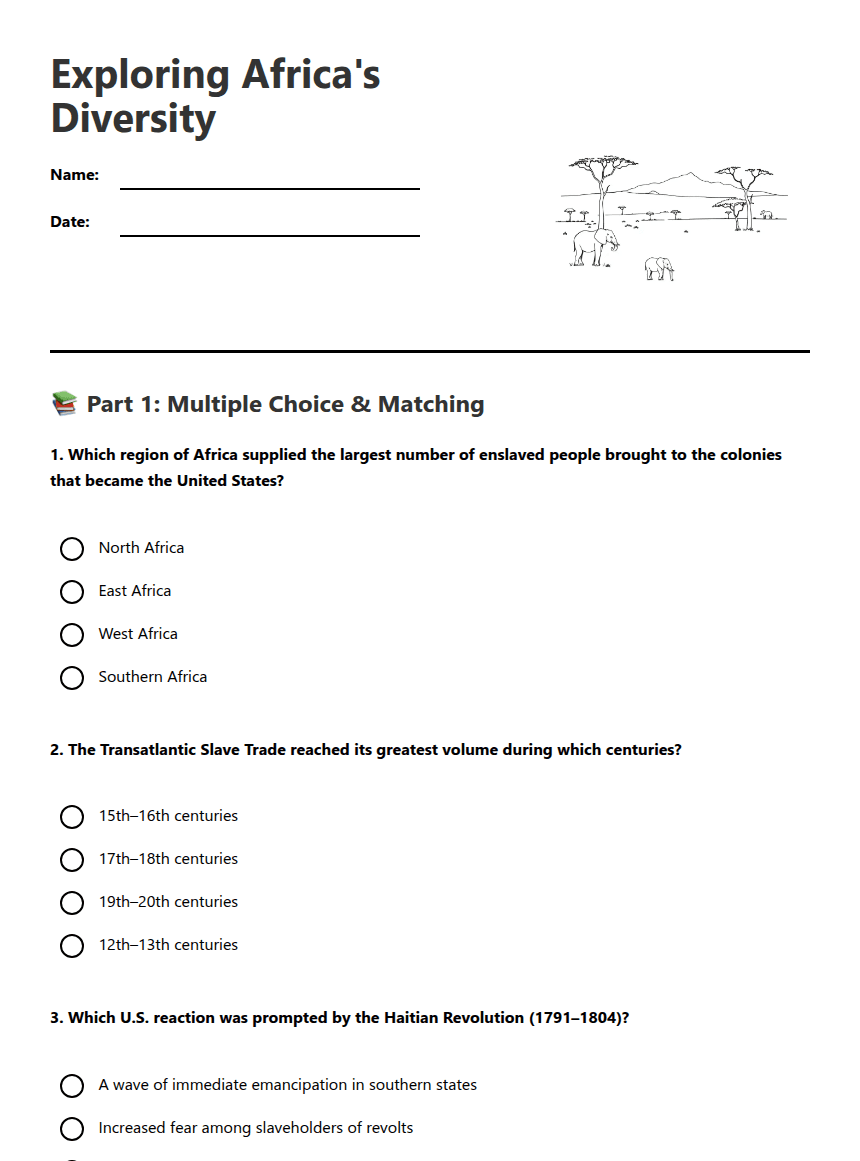 Exploring Africa's Diversity worksheet preview