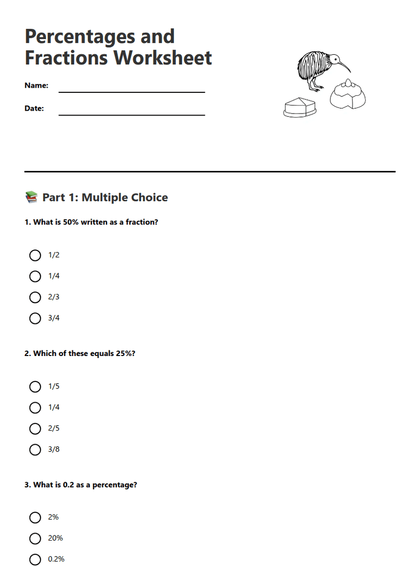 Percentages and Fractions Worksheet