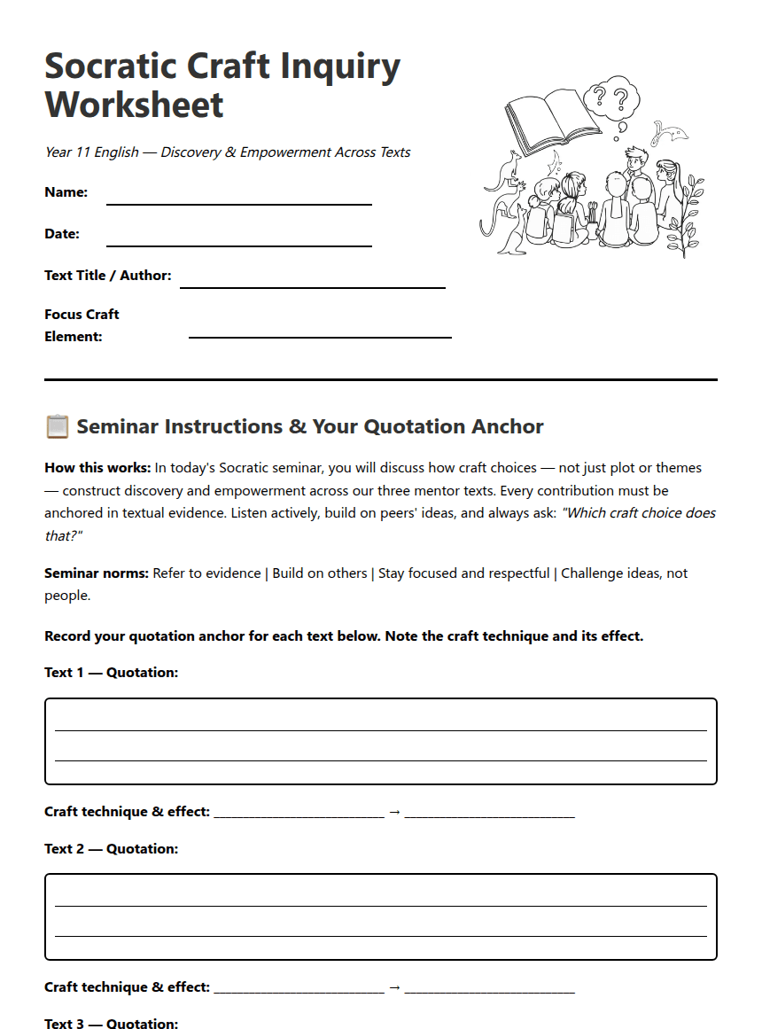 Socratic Craft Inquiry Worksheet worksheet preview