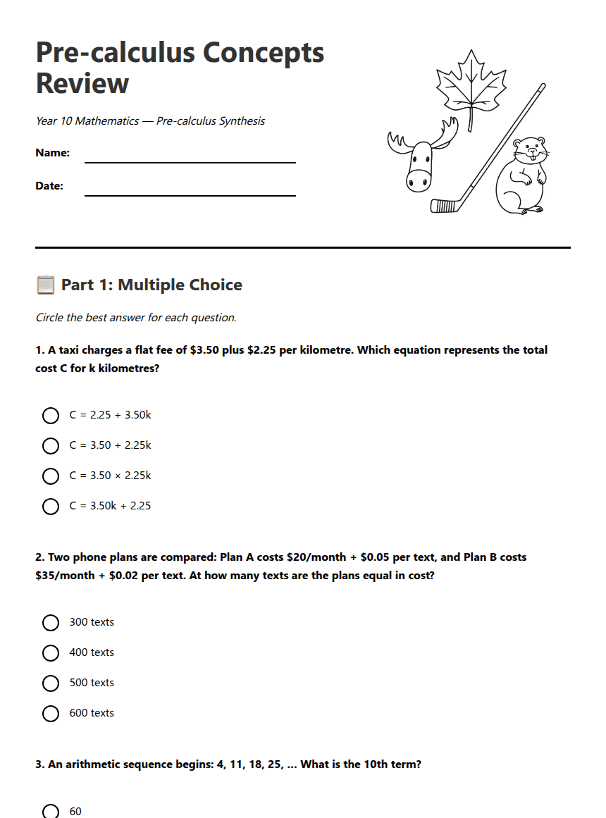 Pre-calculus Concepts Review worksheet preview