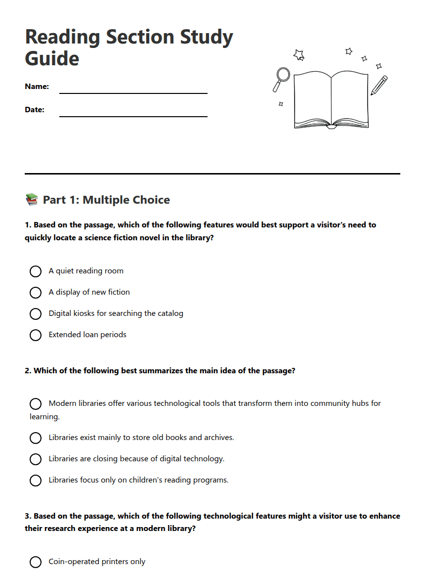 Reading Section Study Guide worksheet preview