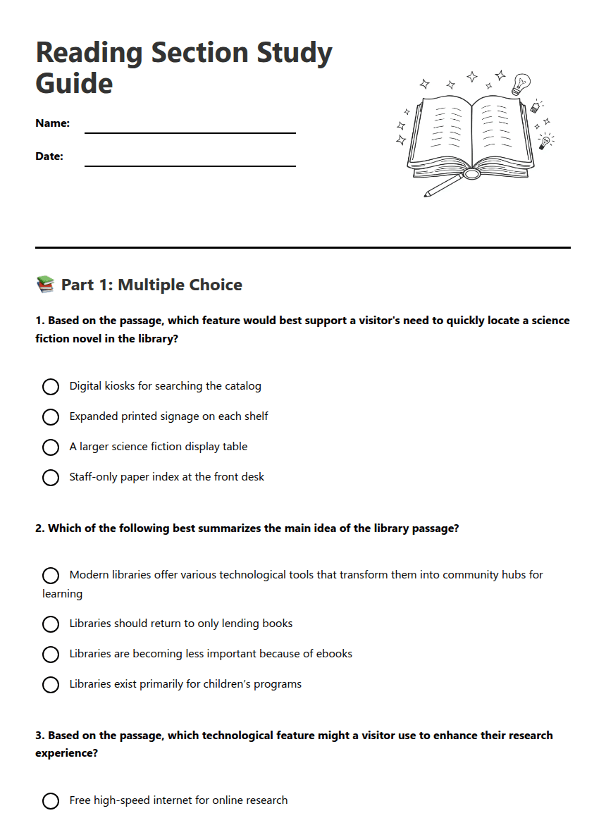 Reading Section Study Guide worksheet preview