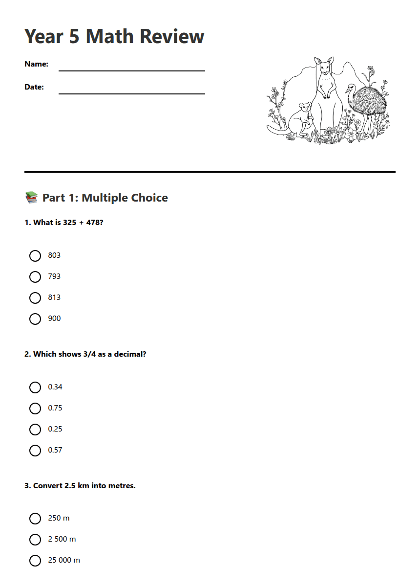 Year 5 Math Review worksheet preview