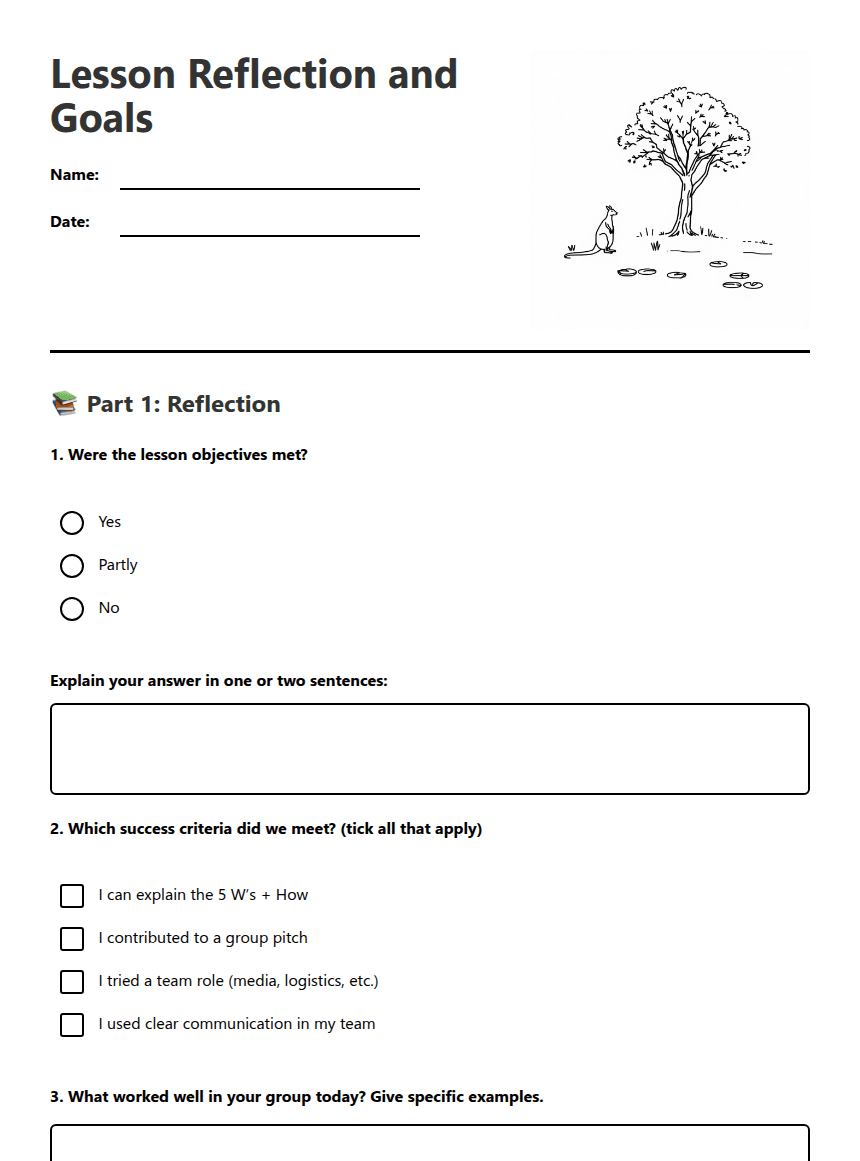 Lesson Reflection and Goals worksheet preview