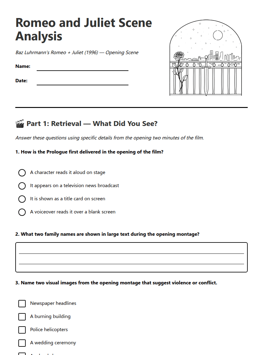Romeo and Juliet Scene Analysis worksheet preview