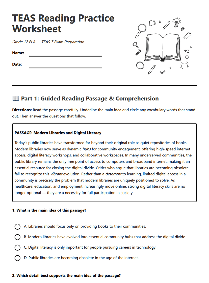 TEAS Reading Practice Worksheet