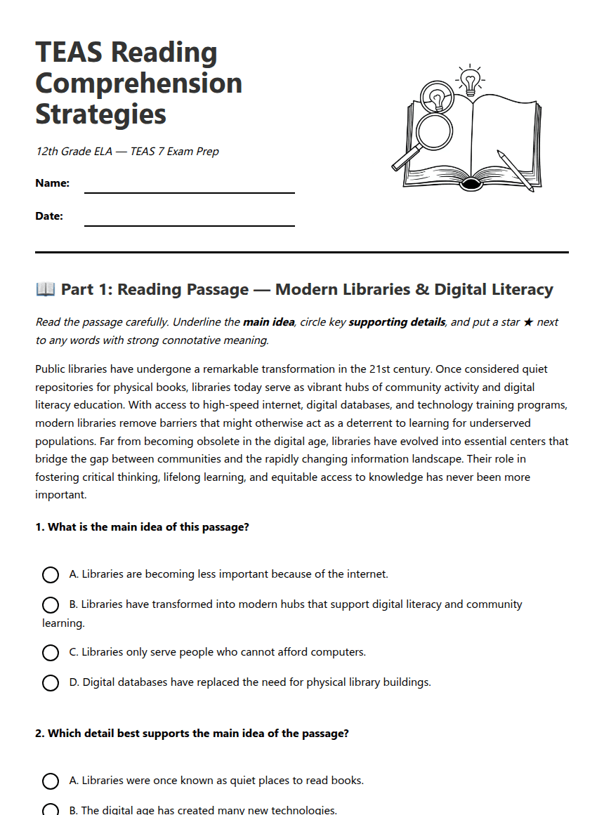 TEAS Reading Comprehension Strategies worksheet preview