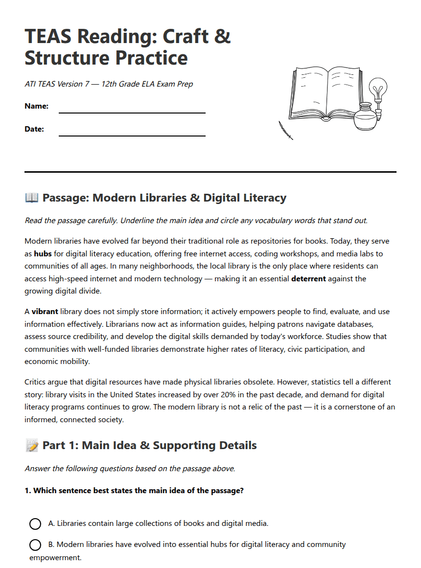 TEAS Reading Craft Practice worksheet preview