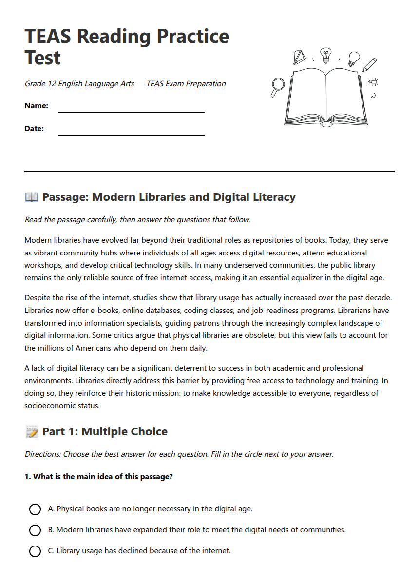 TEAS Reading Practice Test worksheet preview