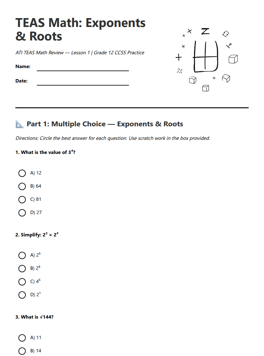 TEAS Math Exponents Worksheet worksheet preview