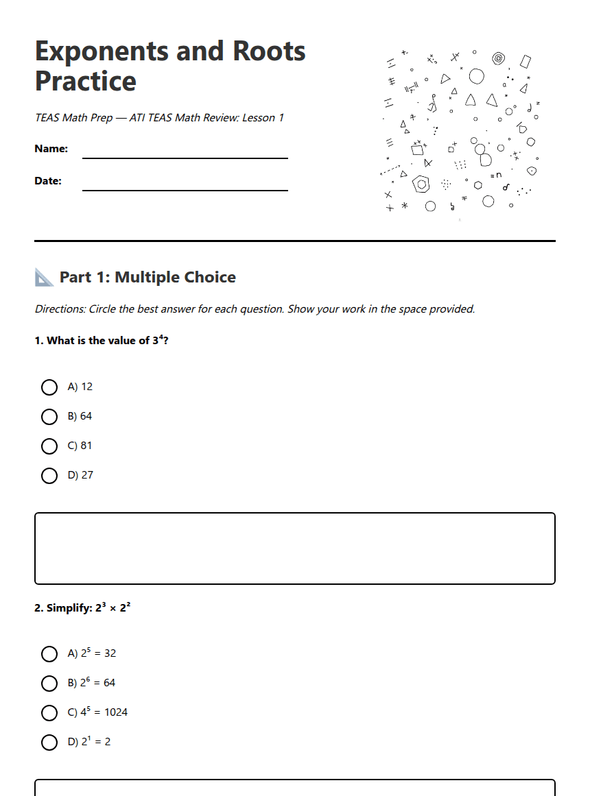 Exponents and Roots Practice worksheet preview