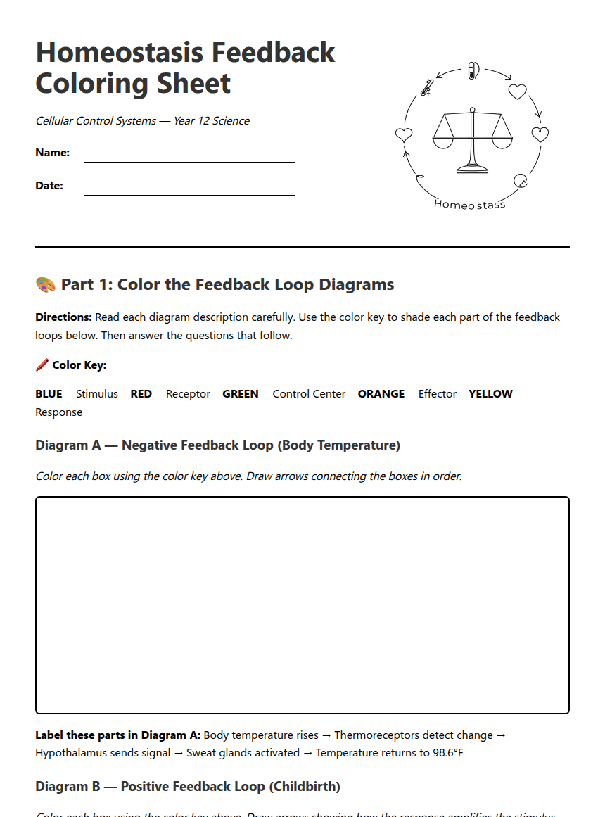 Homeostasis Feedback Coloring Sheet worksheet preview