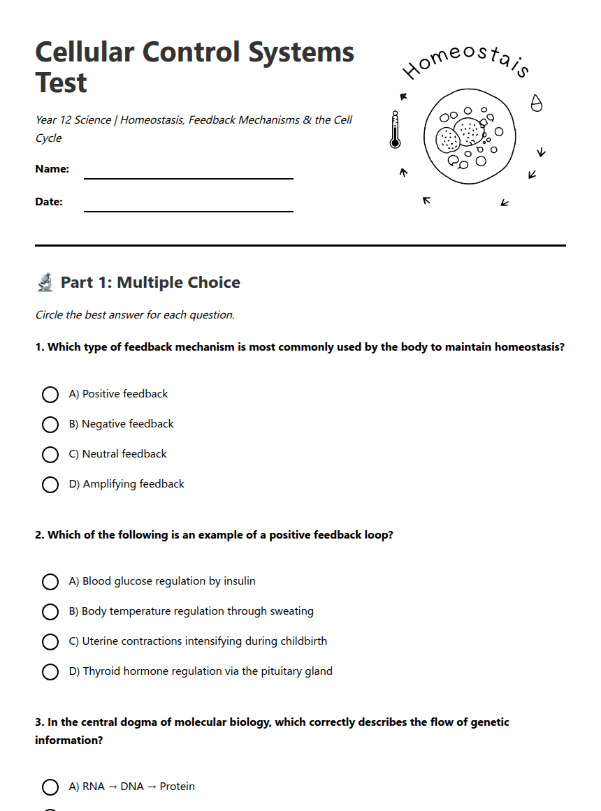 Cellular Control Systems Test worksheet preview