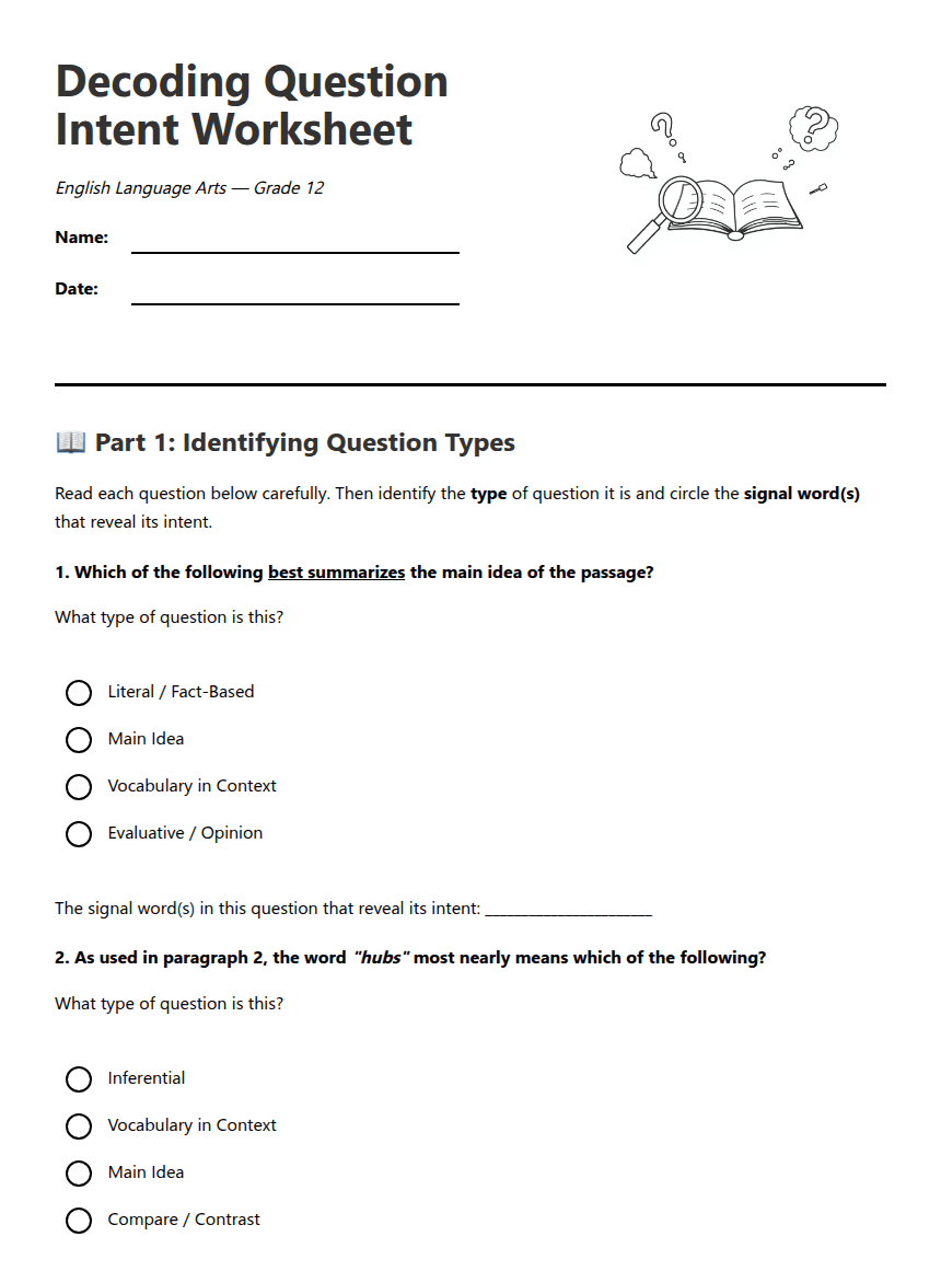 Decoding Question Intent Worksheet worksheet preview