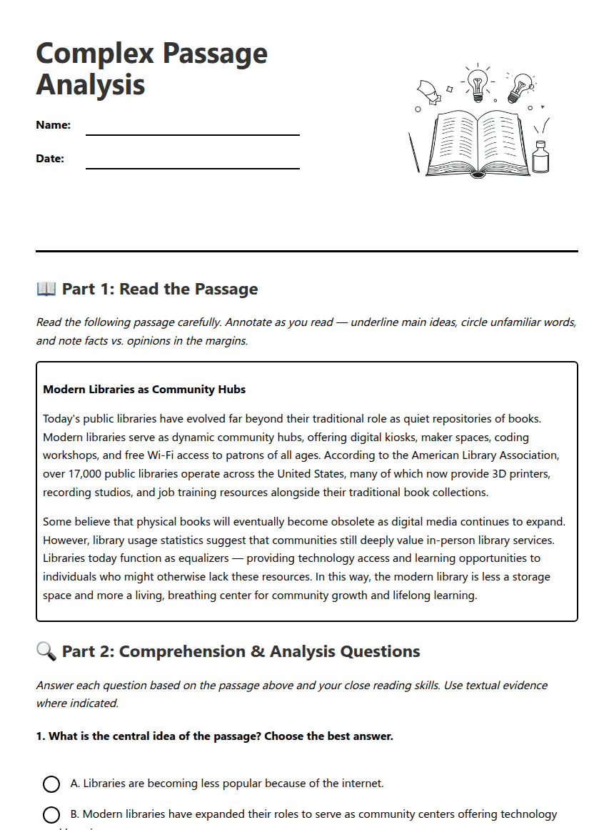 Complex Passage Analysis worksheet preview
