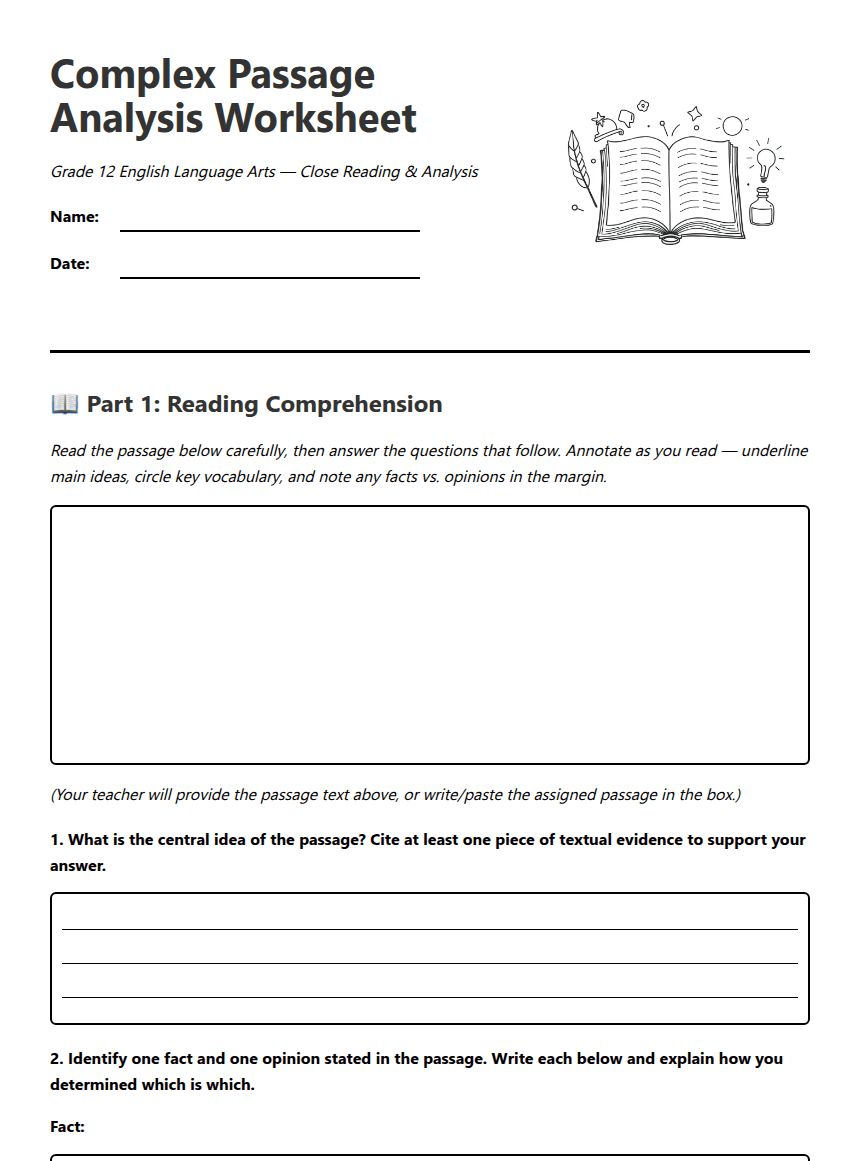 Complex Passage Analysis Worksheet worksheet preview