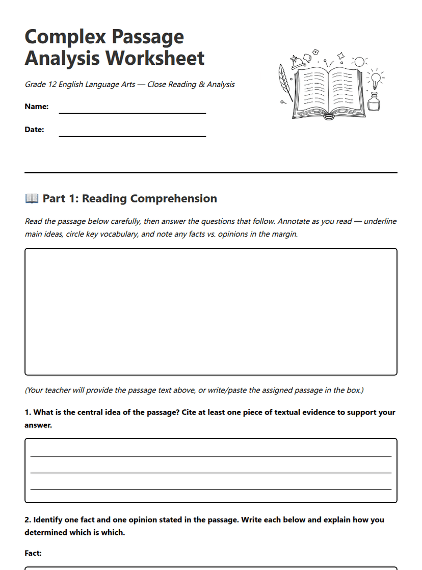 Complex Passage Analysis Worksheet
