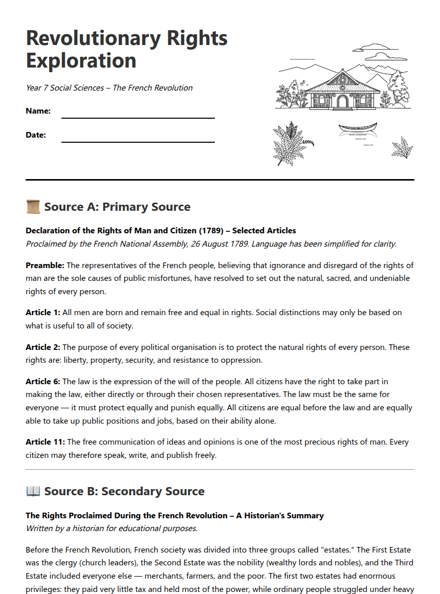 Revolutionary Rights Exploration worksheet preview