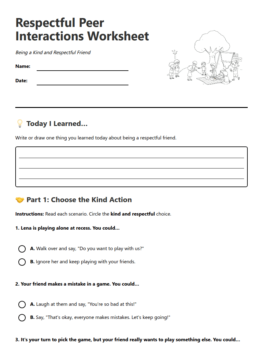 Respectful Peer Interactions Worksheet worksheet preview