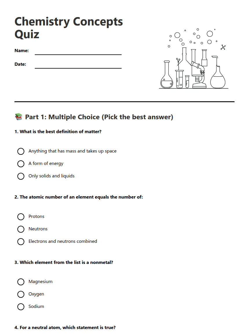 Chemistry Concepts Quiz worksheet preview