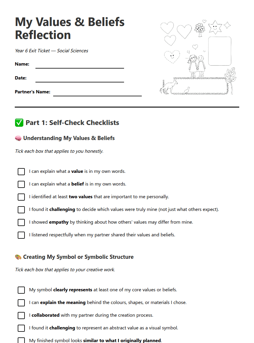 Values and Beliefs Reflection worksheet preview