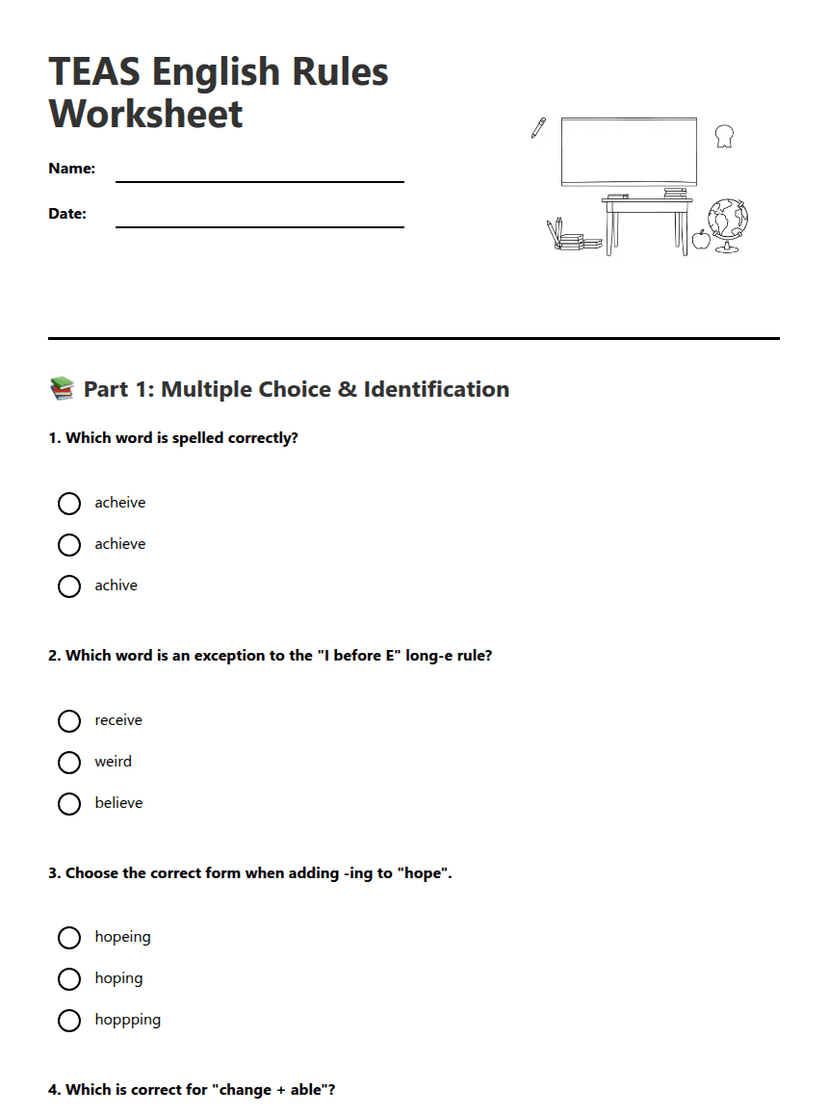 TEAS English Rules Worksheet