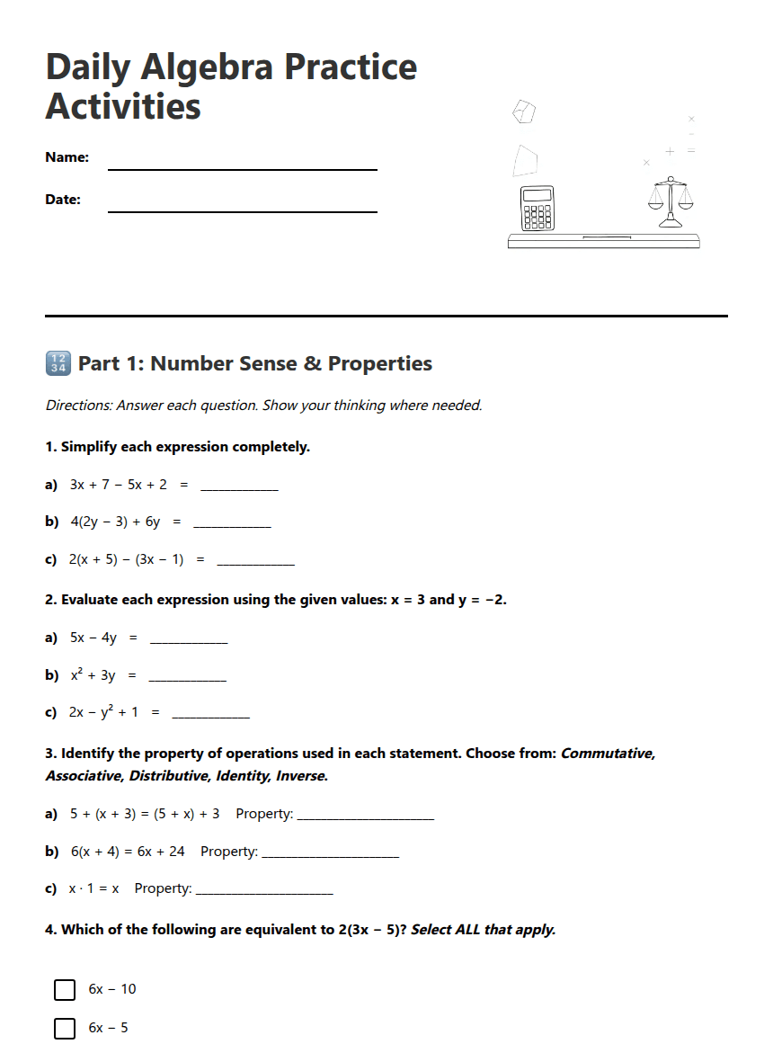 Daily Algebra Practice Activities worksheet preview