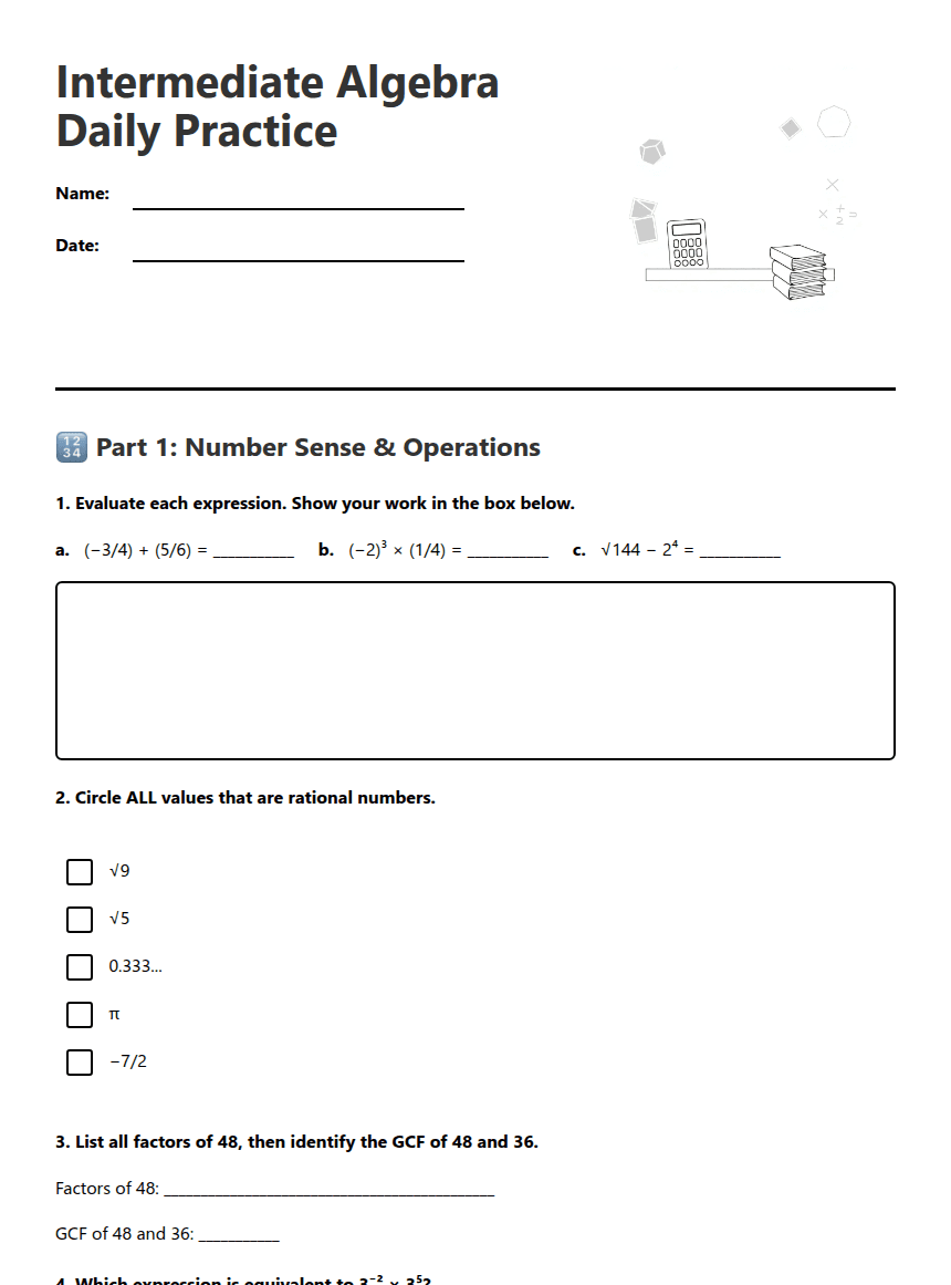 Intermediate Algebra Daily Practice worksheet preview