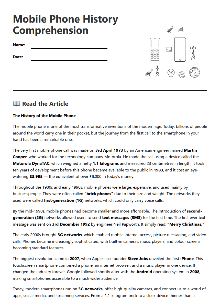Mobile Phone History Comprehension worksheet preview