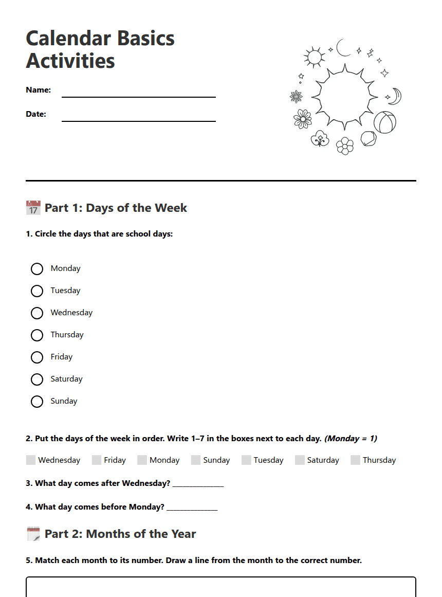 Calendar Basics Activities worksheet preview