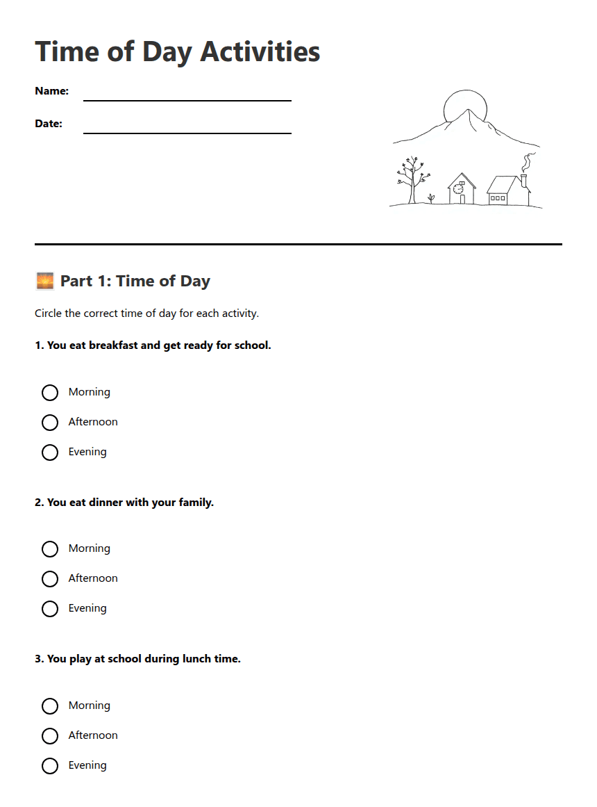 Time of Day Activities worksheet preview