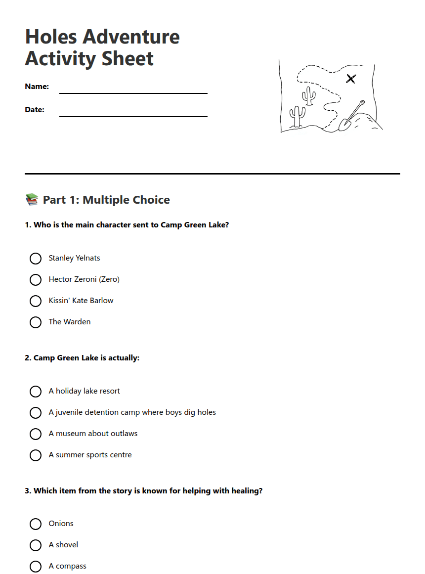 Holes Adventure Activity Sheet worksheet preview