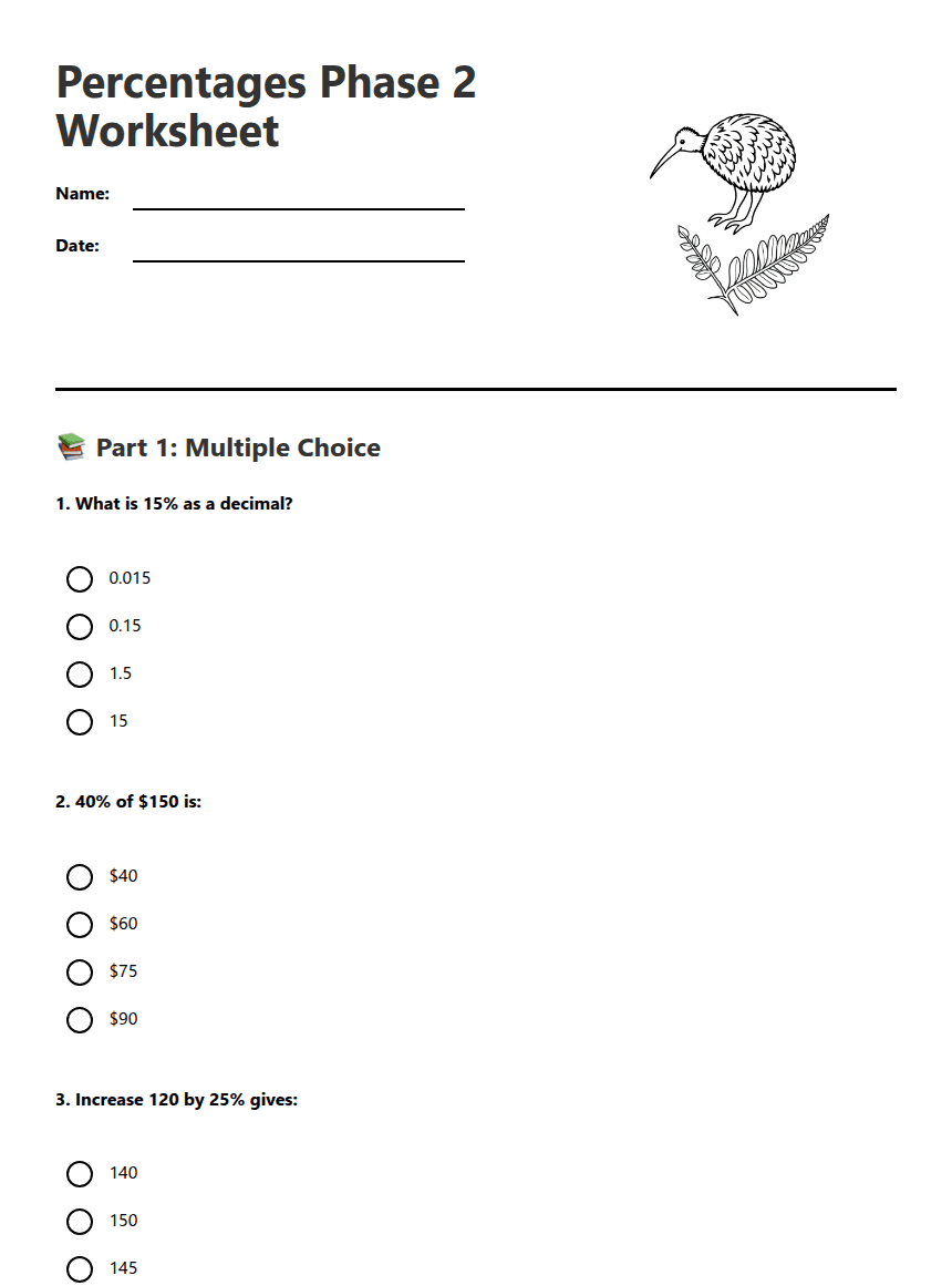 Percentages Phase 2 Worksheet worksheet preview