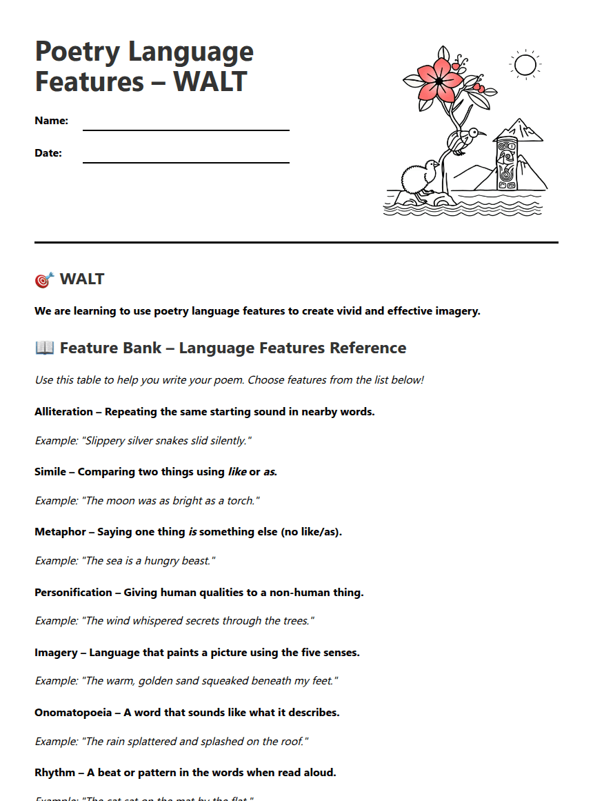 Poetry Language Features Guide worksheet preview