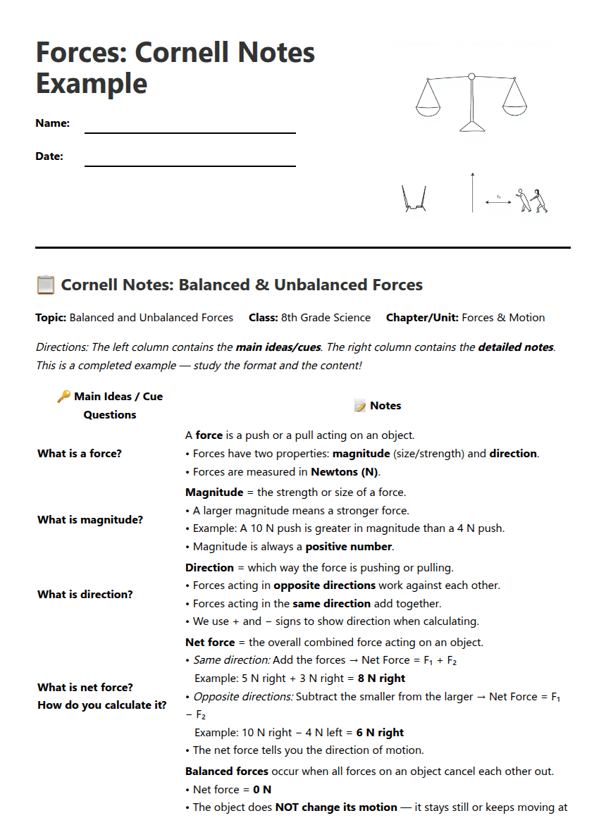 Forces: Cornell Notes Example worksheet preview
