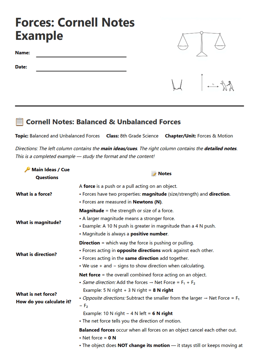 Forces: Cornell Notes Example