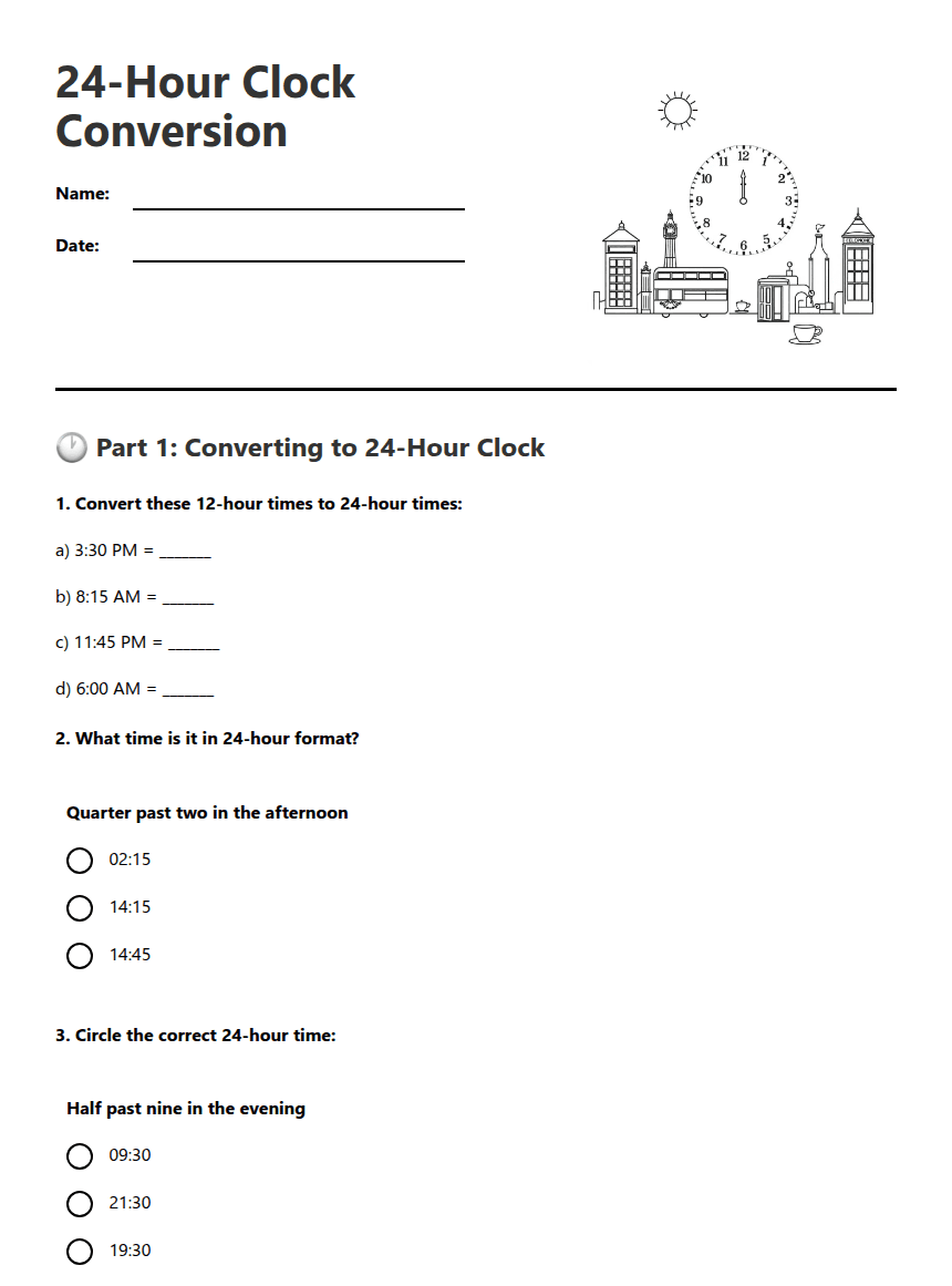 24-Hour Clock Conversion worksheet preview