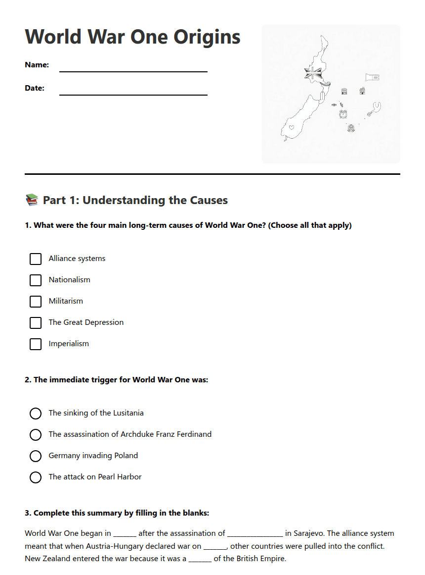 World War One Origins worksheet preview