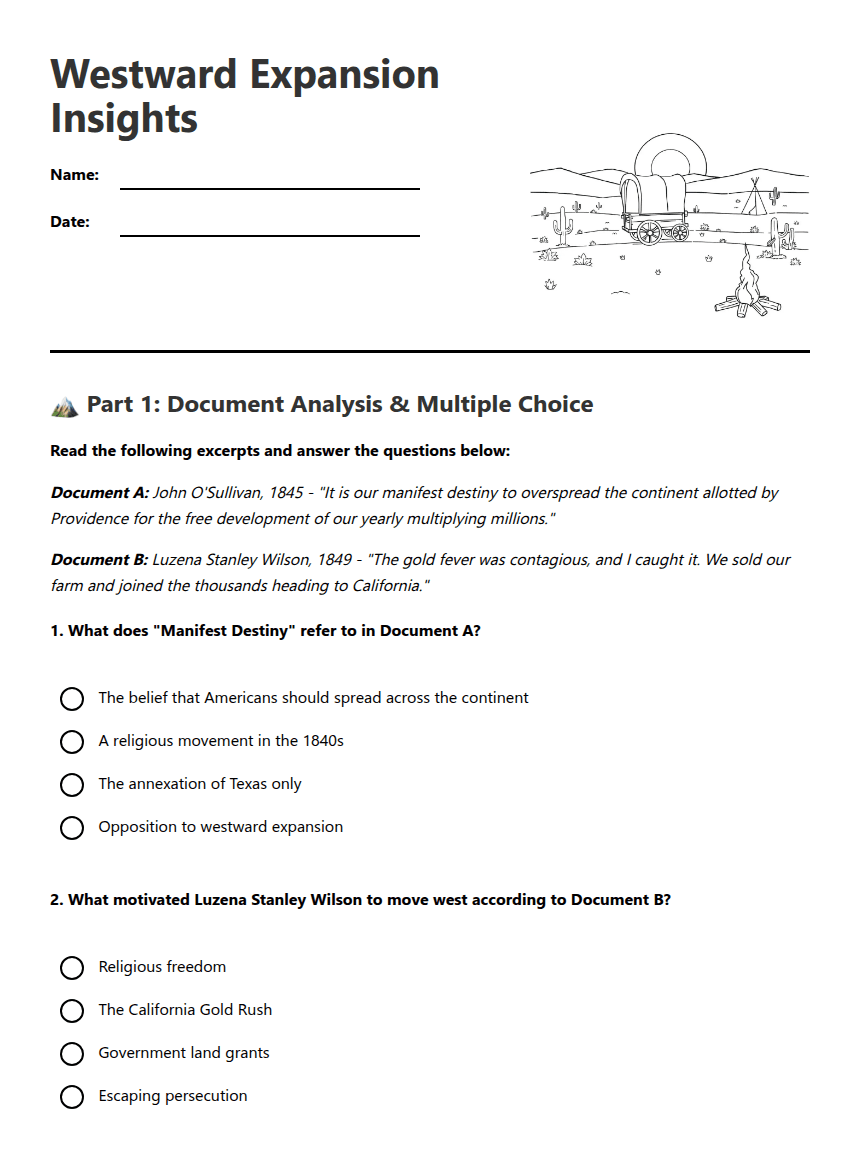 Westward Expansion Insights worksheet preview