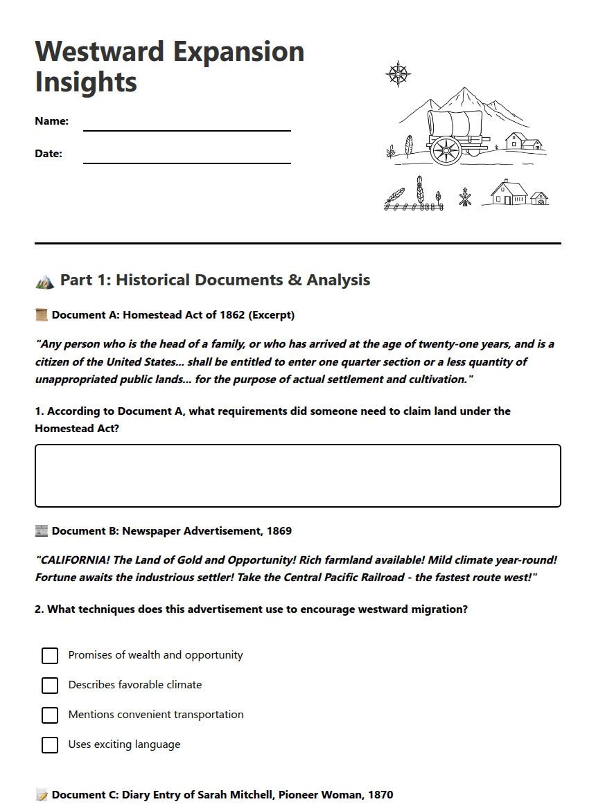 Westward Expansion Insights worksheet preview