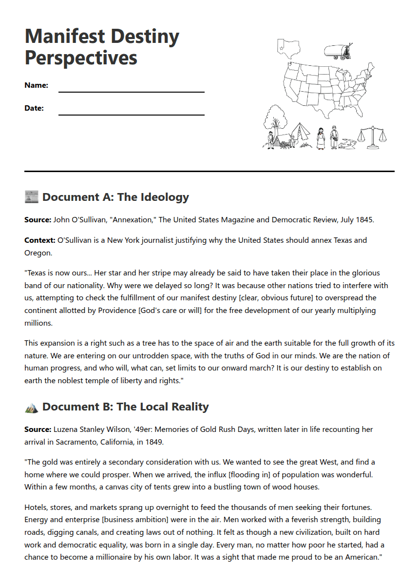 Manifest Destiny Perspectives worksheet preview