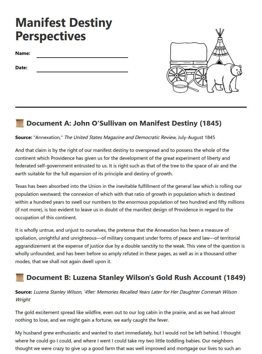 Manifest Destiny Perspectives worksheet preview