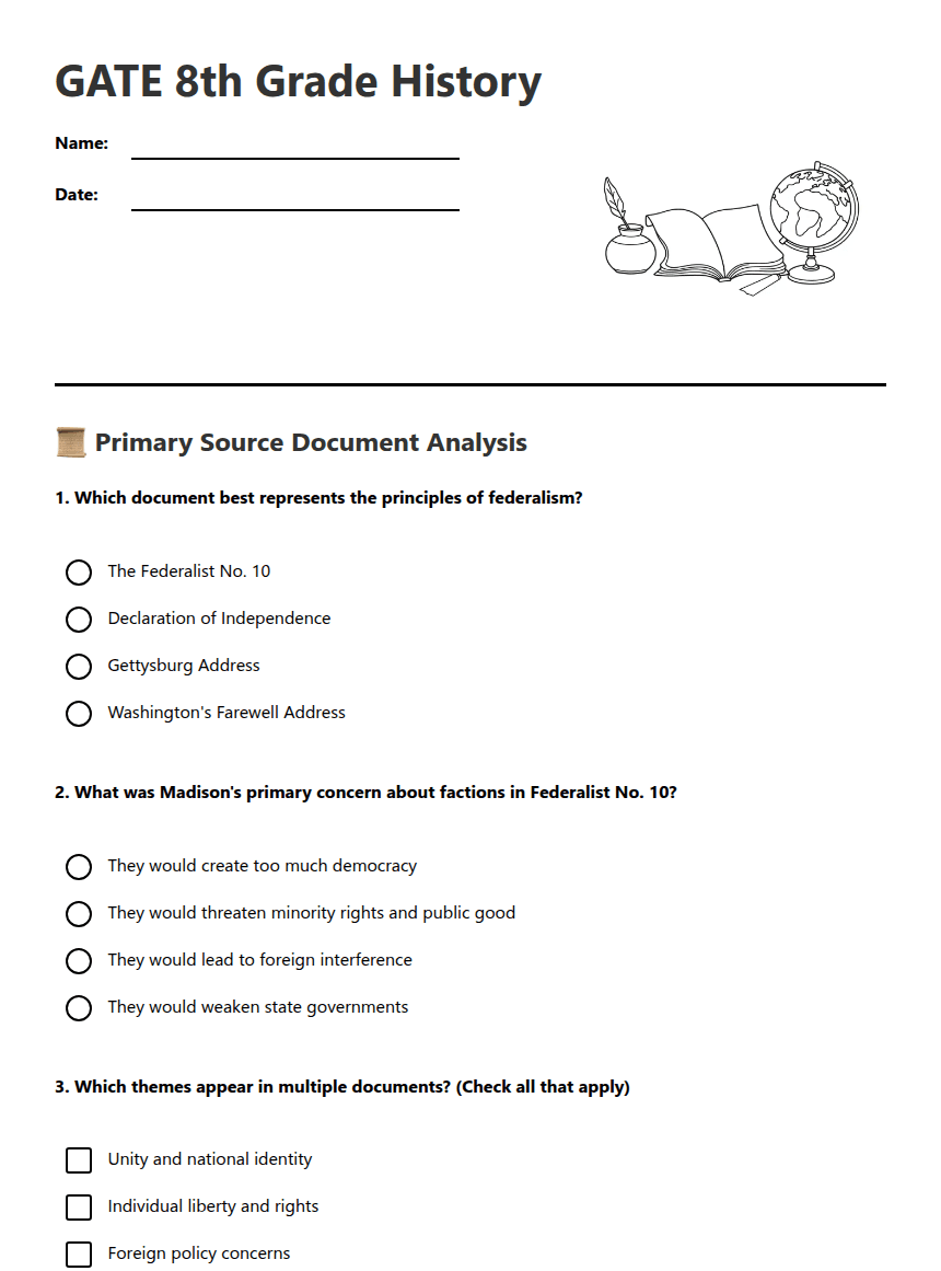 GATE 8th Grade History worksheet preview